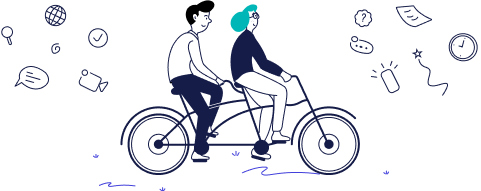 Two people riding a Connectlq bicycle, surrounded by icons