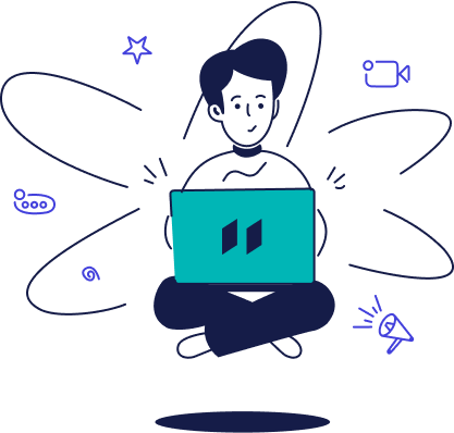 Person sitting cross-legged with a laptop, surrounded by playful doodle icons